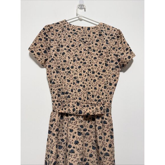 LOFT Maxi Women's Size LG Tan Blue Floral V Neck Spring With tie Belt & pockets - Picture 4 of 16